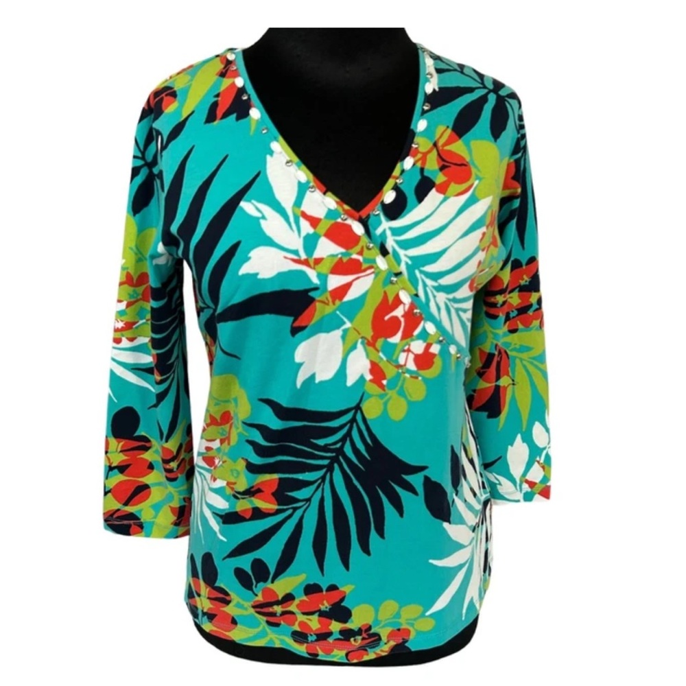 Ruby Rd Tropical Print V Neck Embellished Top Size L